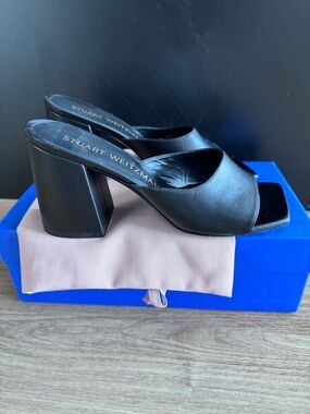 Stuart Weitzman Tia 85 Black Smooth Calf Leather Flare Block Heel Sandal